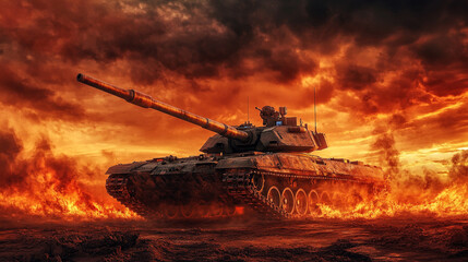 Powerful tank amidst fiery landscape showcasing military strength and dominance