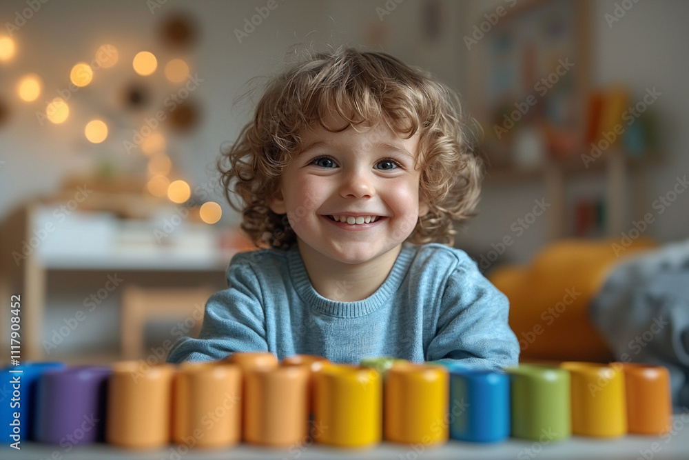 Poster a smiling child playing with a set of colorfu