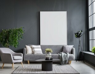 Elegant panoramic gray living room with unique posters and comfortable seating for family gatherings