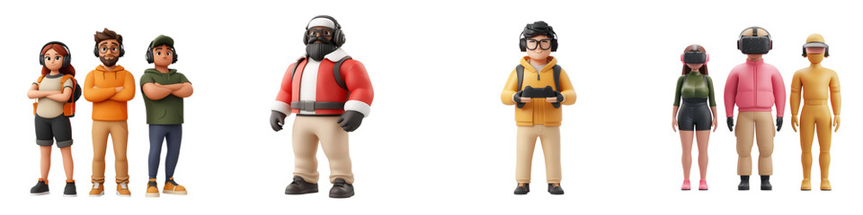 Naklejka premium Gaming characters in various outfits, showcasing diversity and fun, isolated on transparent background.