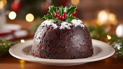 Christmas Pudding Topped with Holly and Powdered Sugar