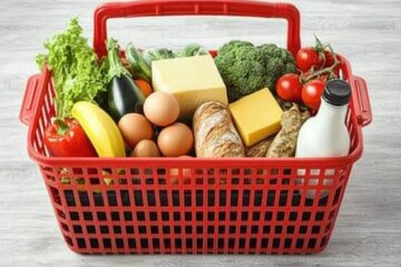 Healthy grocery shopping basket filled with fresh produce and dairy indoor kitchen food photography bright lighting