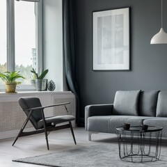 Contemporary gray living room showcasing panoramic views and artistic posters for a lively and cheerful vibe