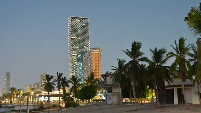 Interesting lighting on modern building in Jeddah KSA, Saudi Tourism video