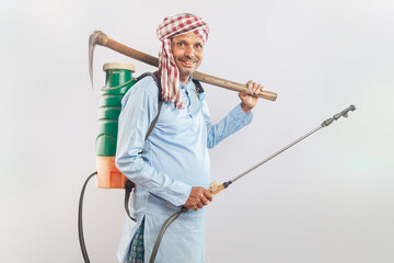 farmer, crop sprayer, garden hoe, shovel, agriculture, pest control, fertilizer