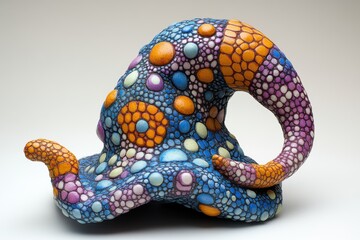 Fototapeta premium A colorful, abstract sculpture with swirling shapes and dotted patterns.
