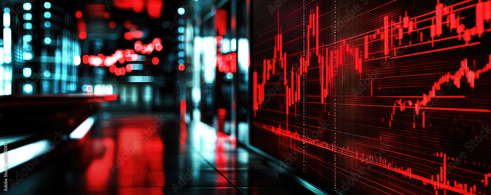 Poster dynamic red financial market with graphical data trends and abstract reflections.
