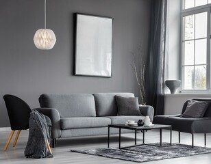 Chic gray living room showcasing panoramic views and artistic posters for a modern aesthetic