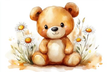 A cute, watercolor teddy bear surrounded by daisies, evoking warmth and innocence.