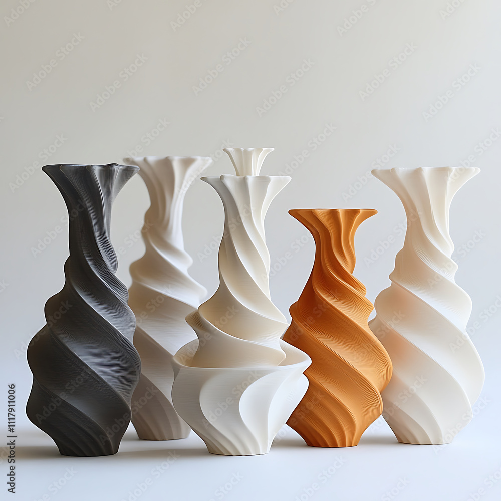 Poster series of 3d printed vases with geometrical shapes in various colors, showcasing modern design and a
