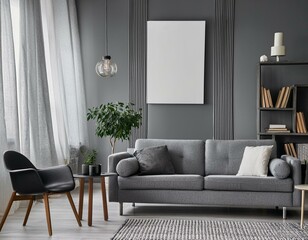 Contemporary panoramic gray living room with artistic posters and sleek furniture for a sophisticated look