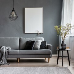 Modern gray living room featuring panoramic windows and striking posters for a dynamic visual appeal