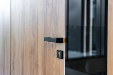 Wooden door with glass reflection background.