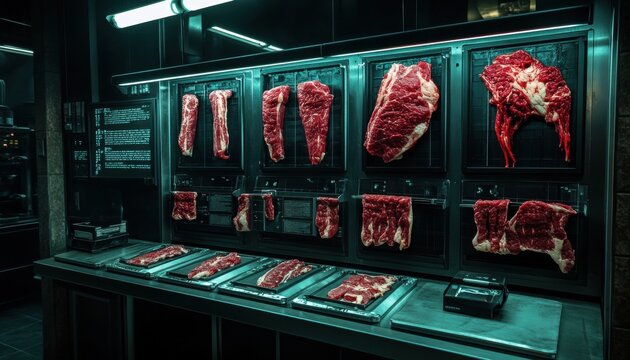 Meat processing event in butcher shop display of fresh cuts industrial environment close-up view for culinary insights