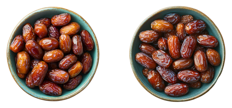 Dates in bowl set PNG. Bowl full of dates top view png. bowl with date fruit flat lay isolated. organic, healthy, vegan, vegetarian dates full of vitamins isolated