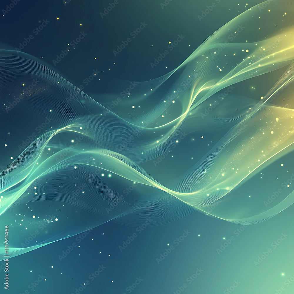 Poster ethereal abstract design featuring flowing waves and soft light, symbolizing tranquility and stress 