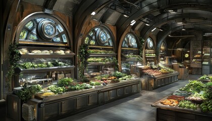 Fresh produce display in a local market vibrant interior food photography urban setting eye-level perspective healthy lifestyle concept