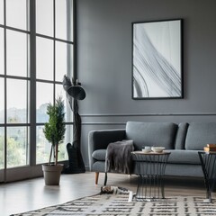 Stylish panoramic gray living room with a mix of textures and vibrant posters for visual interest