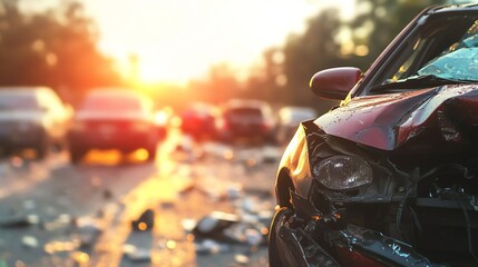 The image shows a wrecked car on the side of the road. The car is badly damaged. The image is taken from a low angle. It suggests that there was an accident. The setting sun is in the backgr