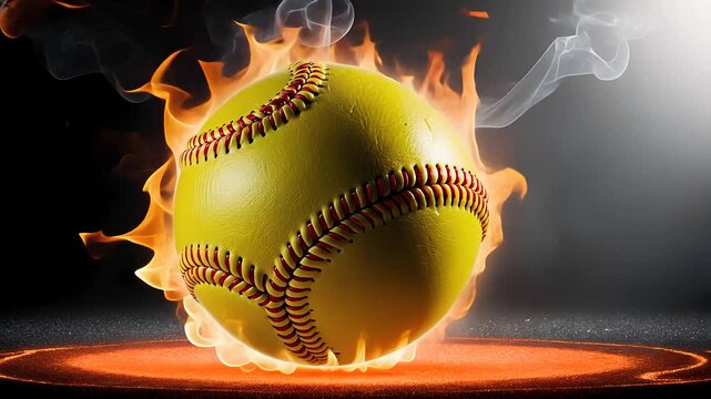 Fiery Softball in Motion with Intense Flames and Smoke

