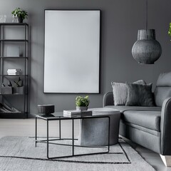 Contemporary panoramic gray living room with artistic posters and sleek furniture for a sophisticated look