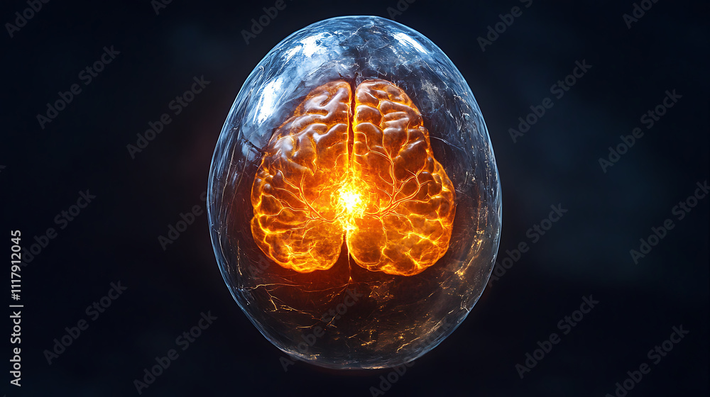 Poster glowing brain inside transparent orb, symbolizing consciousness and thought. vibrant colors and intr