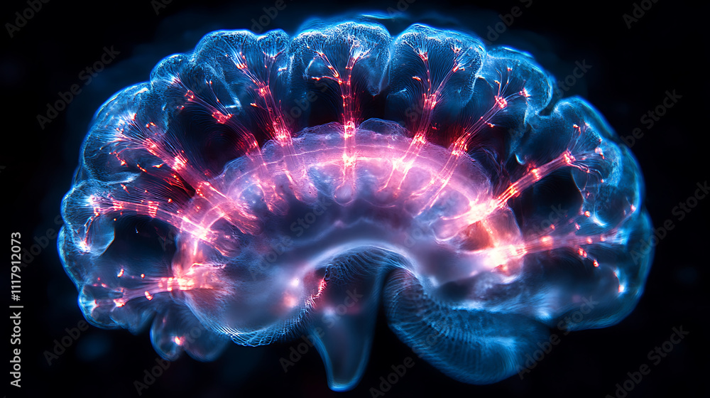 Poster glowing brain illustration showcasing neural connections and activity, emphasizing intricate network