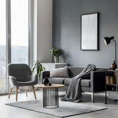 Modern gray living room showcasing panoramic views and artistic posters for a dynamic living space