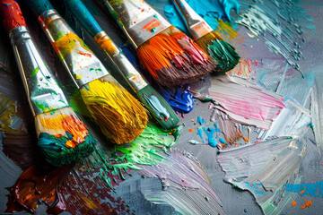 Fototapeta premium Generative AI image of talented artist passionately painting with vibrant colors on a large canvas in an art studio