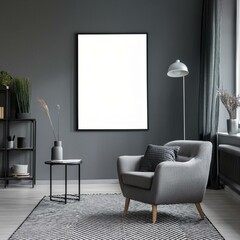 Contemporary panoramic gray living room with artistic posters and sleek furniture for a sophisticated look