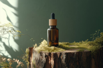 Render of brown glass bottle of cosmetic serum, essentive oil or parfume with a wooden dropper top, on old wood and moss on green wall background, aestetic style. mock up