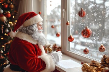 hyper realistic photo of  Profile side photo excited grey hair santa claus sit table impressed get wish list letter x-mas miracle fair christmas noel celebration wear red cap in ho