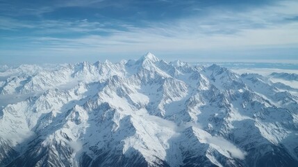 Fototapeta premium Aerial View of Snow-covered Mountain Range Through Airplane Window in Winter