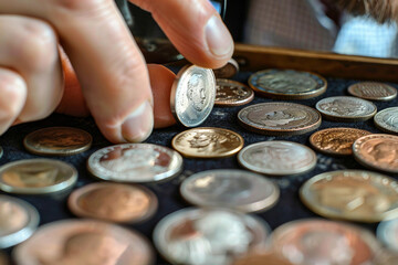 A display of historical coins and faded banknotes ai generative