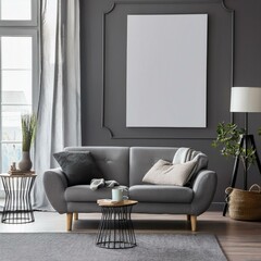 Modern gray living room showcasing panoramic views and vibrant posters for a dynamic living space