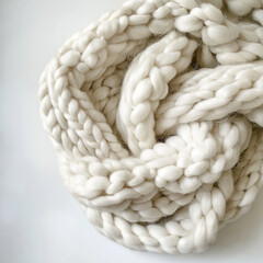 Close-up of a chunky white knitted blanket