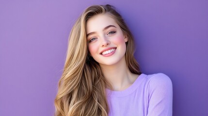 Naklejka premium Cheerful Young Woman with Long Blonde Hair Smiling Softly on Lavender Background