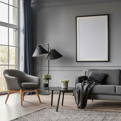 Chic gray living room featuring panoramic windows and unique posters for a contemporary design statement