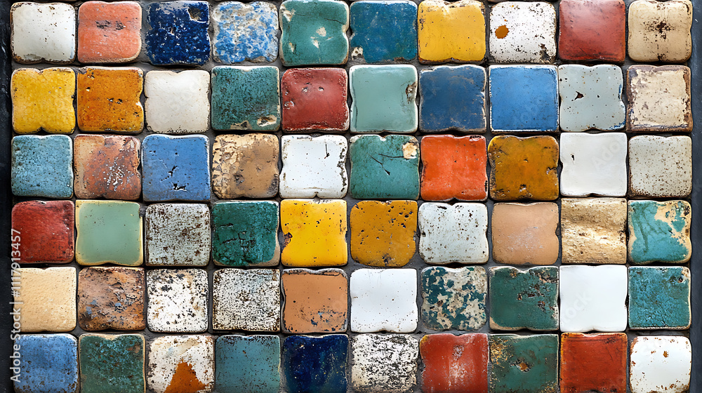 Poster vibrant moroccan zellige mosaic tiles showcase colorful array of handmade ceramic designs. each tile