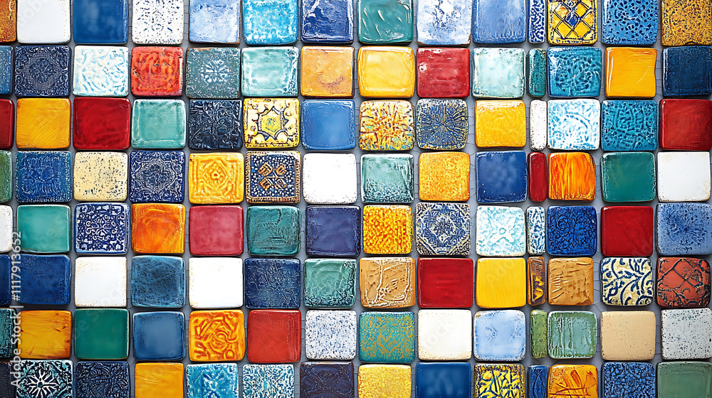 Poster vibrant moroccan zellige mosaic tiles in various colors and patterns create stunning visual display.