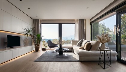 Bright modern living room with a large window and airy feel for spaciousness