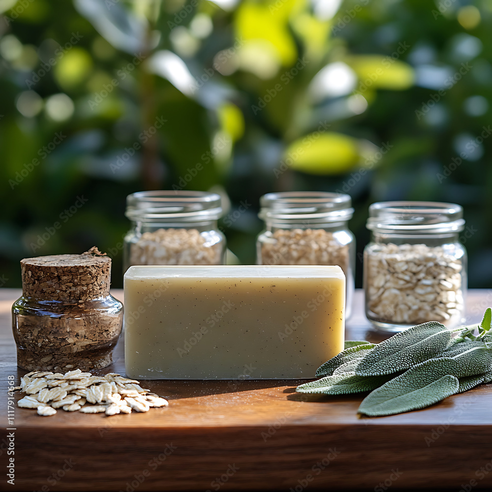 Poster natural soap bar with oats and sage, surrounded by jars of oats and cork. this serene setting highli