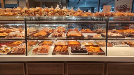 A well-organized bakery display featuring a variety of bread and pastries neatly packed in plastic wraps, showcased in glass shelves inside a bakery shop.