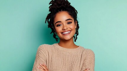 Obraz premium Cheerful young woman in casual knit sweater posing against mint green background