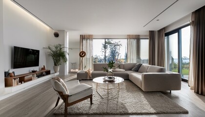 Cozy modern living room with a fireplace and soft textiles for a warm ambiance