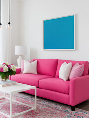Modern Artistic Living Room Design Featuring Bright Pink Sofa, Minimalistic Decor, Vibrant Accent Colors, and Contemporary Artwork on the Wall