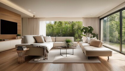 Fototapeta premium Stylish modern living room with a focus on functionality and aesthetic appeal for homeowners