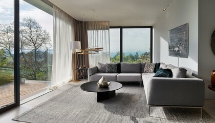 Cozy modern living room with a fireplace and soft textiles for a warm ambiance