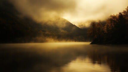 Fototapeta premium A serene landscape at dawn with mist hovering over a calm lake and distant mountains.