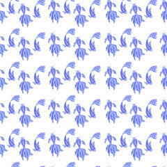 Seamless pattern with blue fishes on white background. Hand-drawn fishes koi. Doodle style.